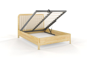 Tapicerowane łóżko drewniane sosnowe Visby MODENA BC z wysokim zagłówkiem / 200x200 cm, kolor naturalny, zagłówek Casablanca 2301 (skrzynia na pościel)