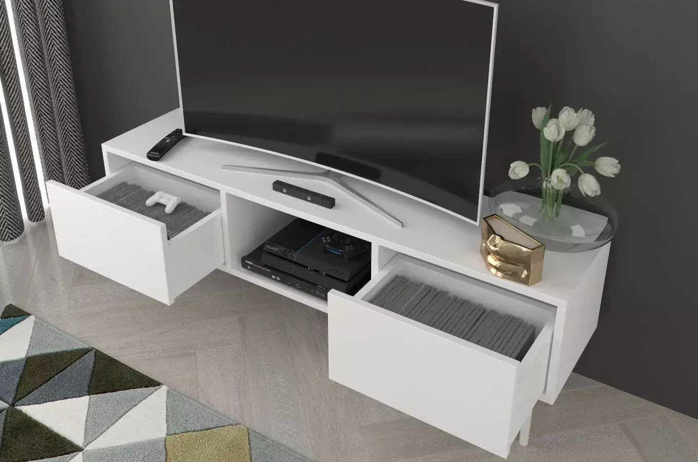 Biała nowoczesna komoda RTV Dancan MIRKA / szer. 130 cm