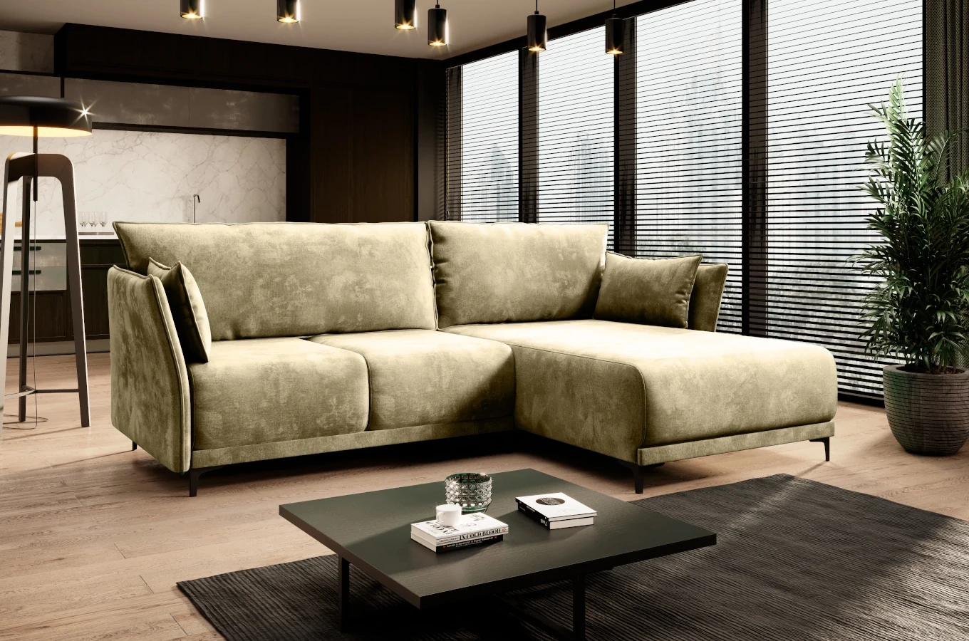 Nowoczesny narożnik MORGAN z funkcją spania i pojemnikiem na pościel