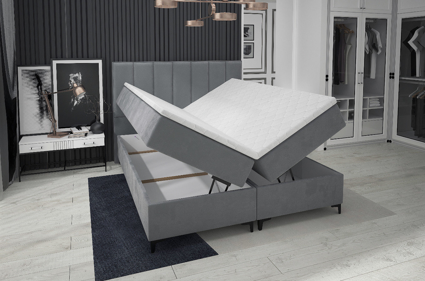 Tapicerowane łóżko kontynentalne ROMA z zagłówkiem z pionowymi przeszyciami