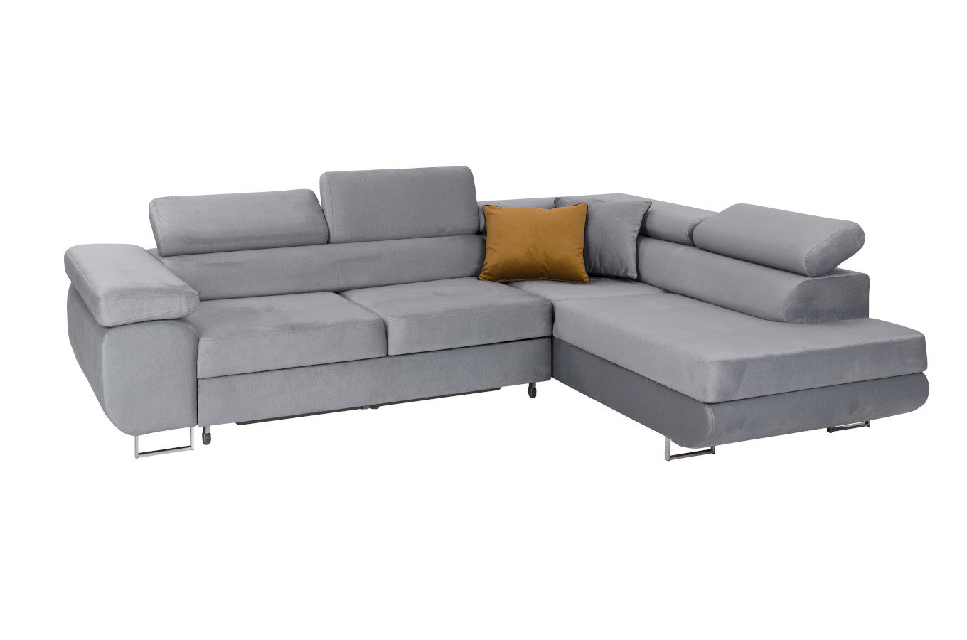 Nowoczesny narożnik DAJTI z funkcją spania, pojemnikiem na pościel oraz regulowanymi zagłówkami