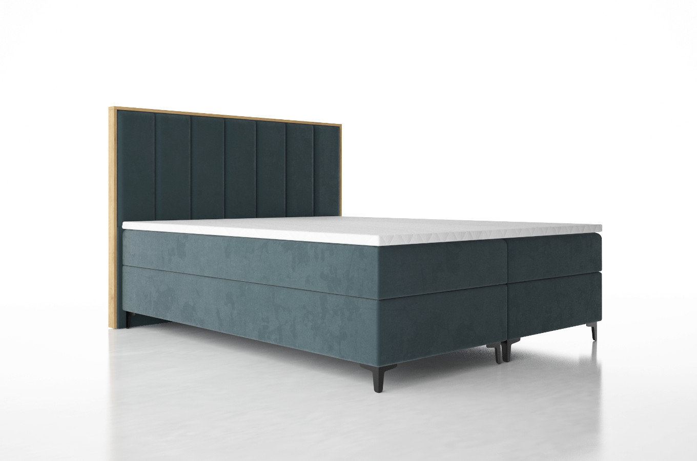 Tapicerowane łóżko kontynentalne LONDON z zagłówkiem z pionowymi przeszyciami i elementami drewna