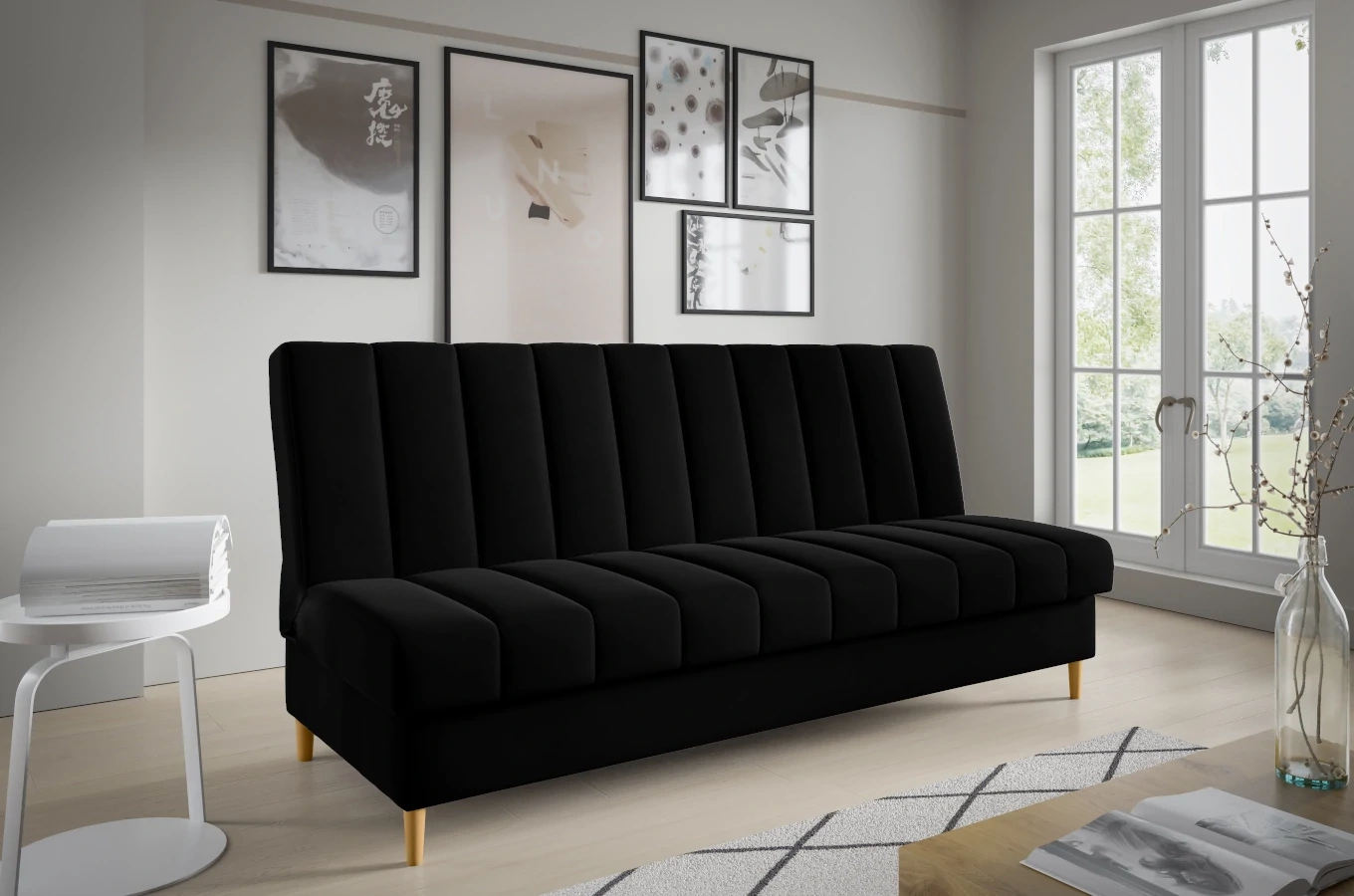 Nowoczesna sofa NEVADA w skandynawskim stylu z funkcją spania i pojemnikiem na pościel