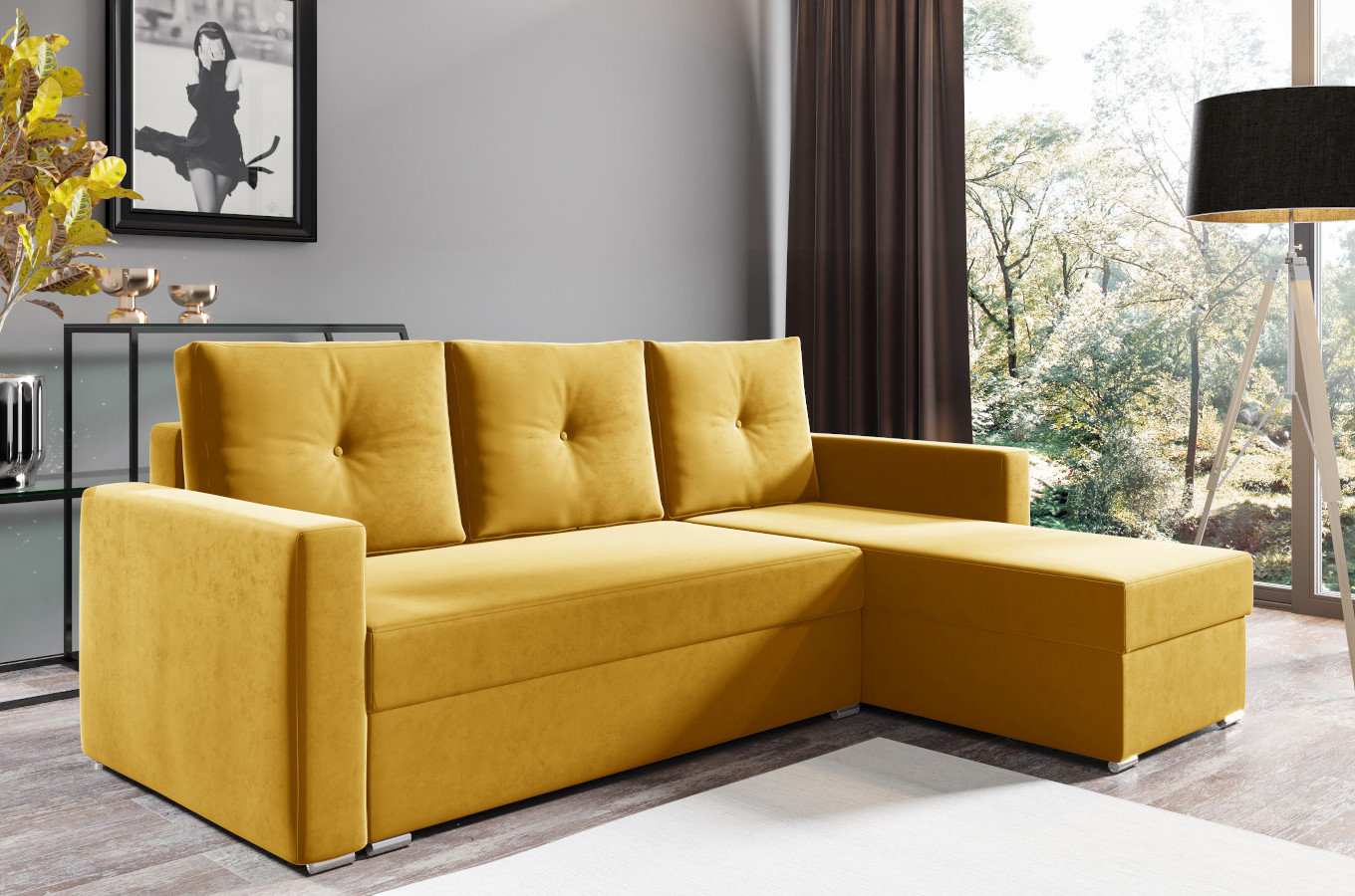 Nowoczesny narożnik ALESIO z funkcją spania i pojemnikiem na pościel