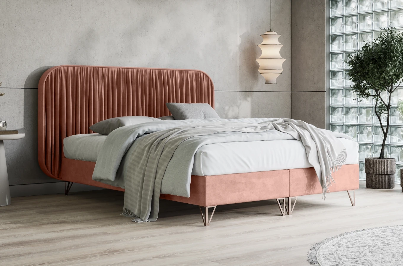 Tapicerowane łóżko kontynentalne GONZO z plisowanym zagłówkiem