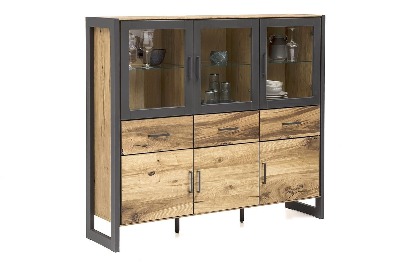 Nowoczesna dębowa witryna TURID ze szklanymi drzwiami 3S6D / szer. 157,5 cm