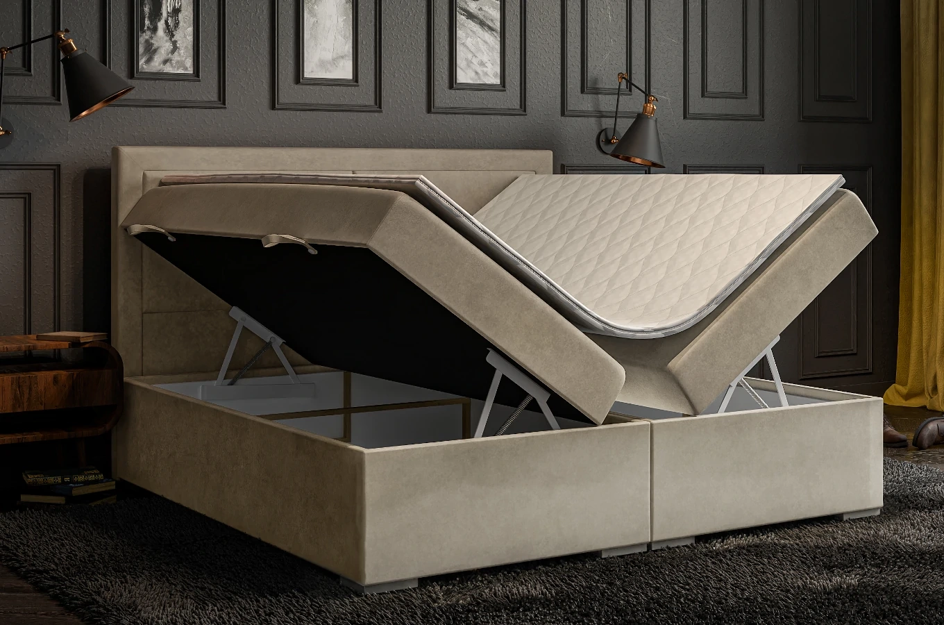 Eleganckie tapicerowane łóżko kontynentalne do sypialni OLIVIER z pojemnikiem na pościel