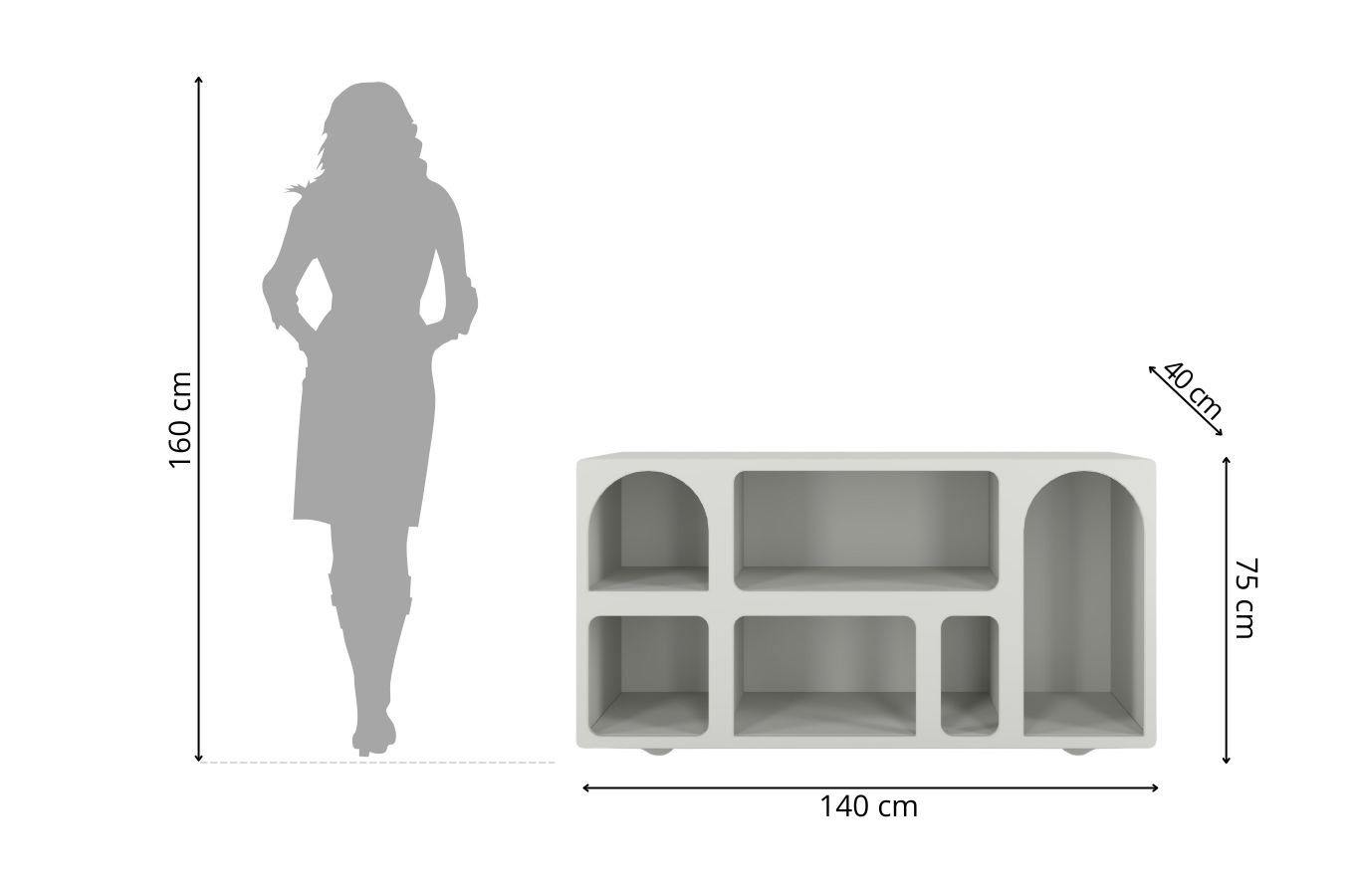 Drewniana komoda - regał - szafka RTV z łukami Visby OLIMPIA LONG / kolor szary mleczny / szer. 140 cm