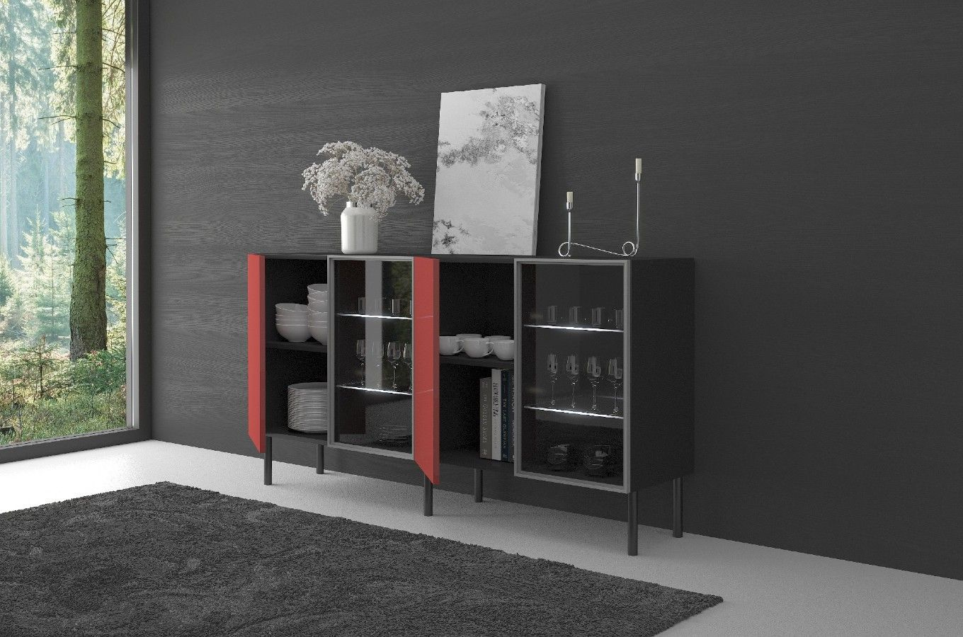 Podświetlana komoda witryna połysk Skandica Lilka czarna-czerwona na nóżkach / szer. 138 cm