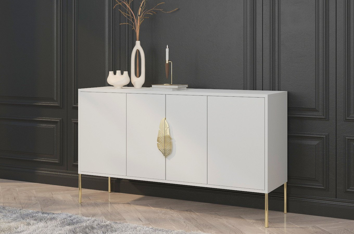 Biała komoda Skandica MERLIN ze złotymi dodatkami / szer. 138 cm