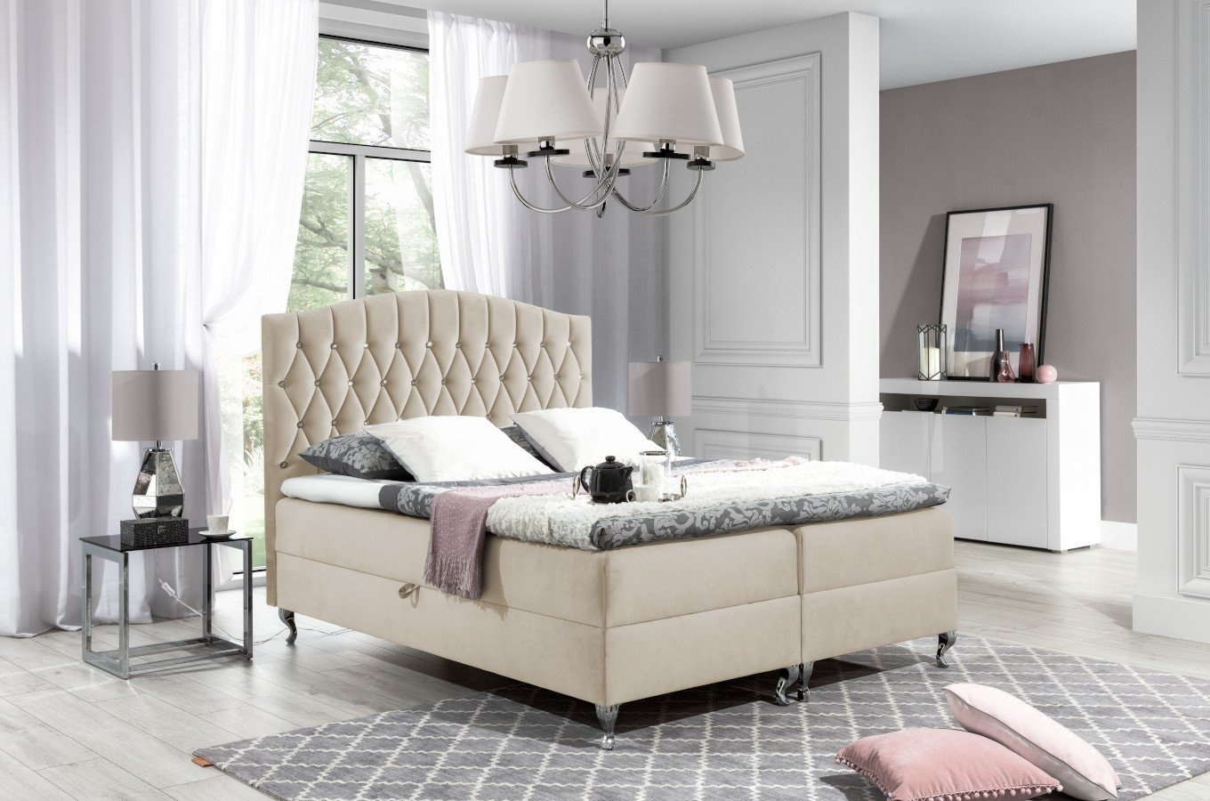 Tapicerowane łóżko kontynentalne PARLA z pikowaniem karo na zagłówku