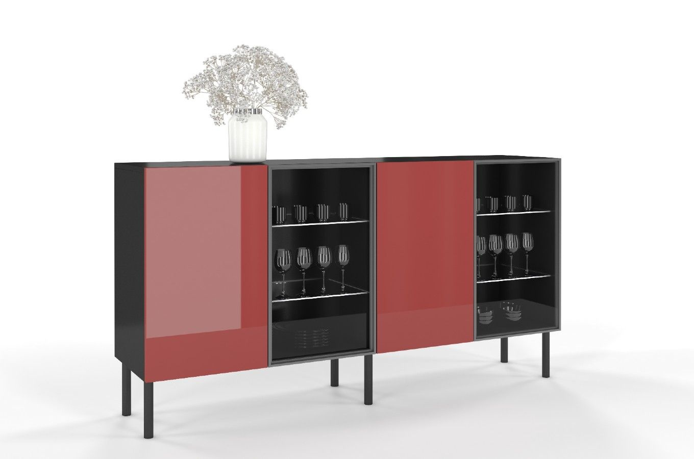 Podświetlana komoda witryna połysk Skandica Lilka czarna-czerwona na nóżkach / szer. 138 cm