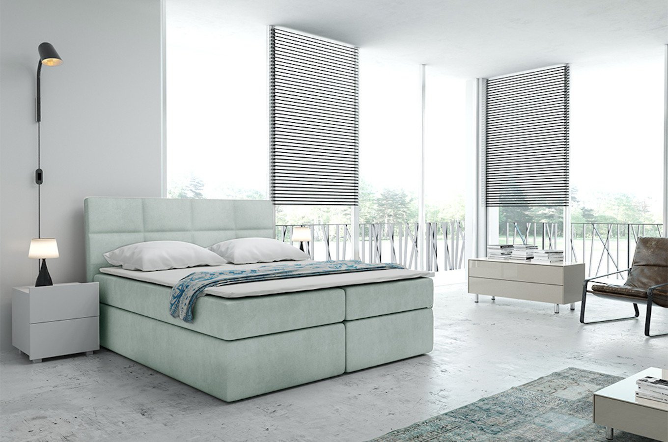 Tapicerowane łóżko kontynentalne BOLMAN z zagłówkiem pikowanym w prostokąty