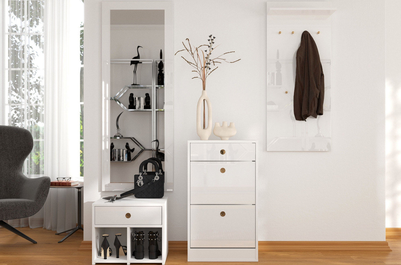 Biała szafka - siedzisko z półkami i szufladą Dancan MIRAGE wysoki połysk / szer. 54 cm