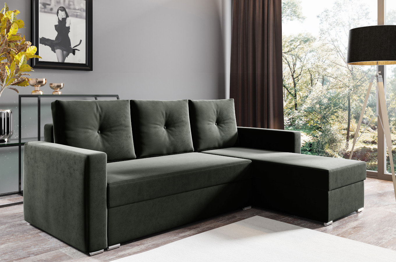 Nowoczesny narożnik ALESIO z funkcją spania i pojemnikiem na pościel