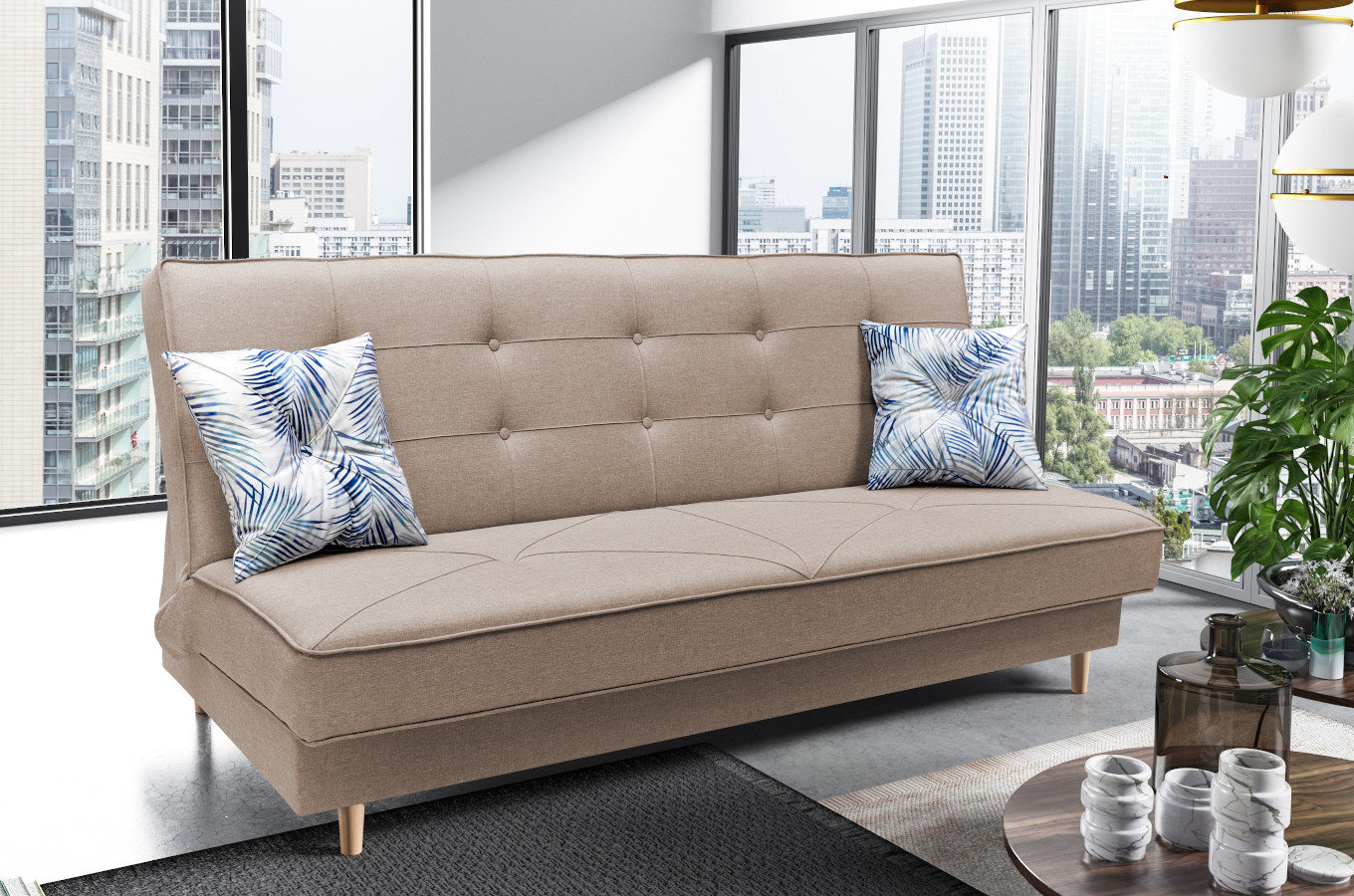 Elegancka sofa IZA w skandynawskim stylu, z funkcją spania i pojemnikiem na pościel