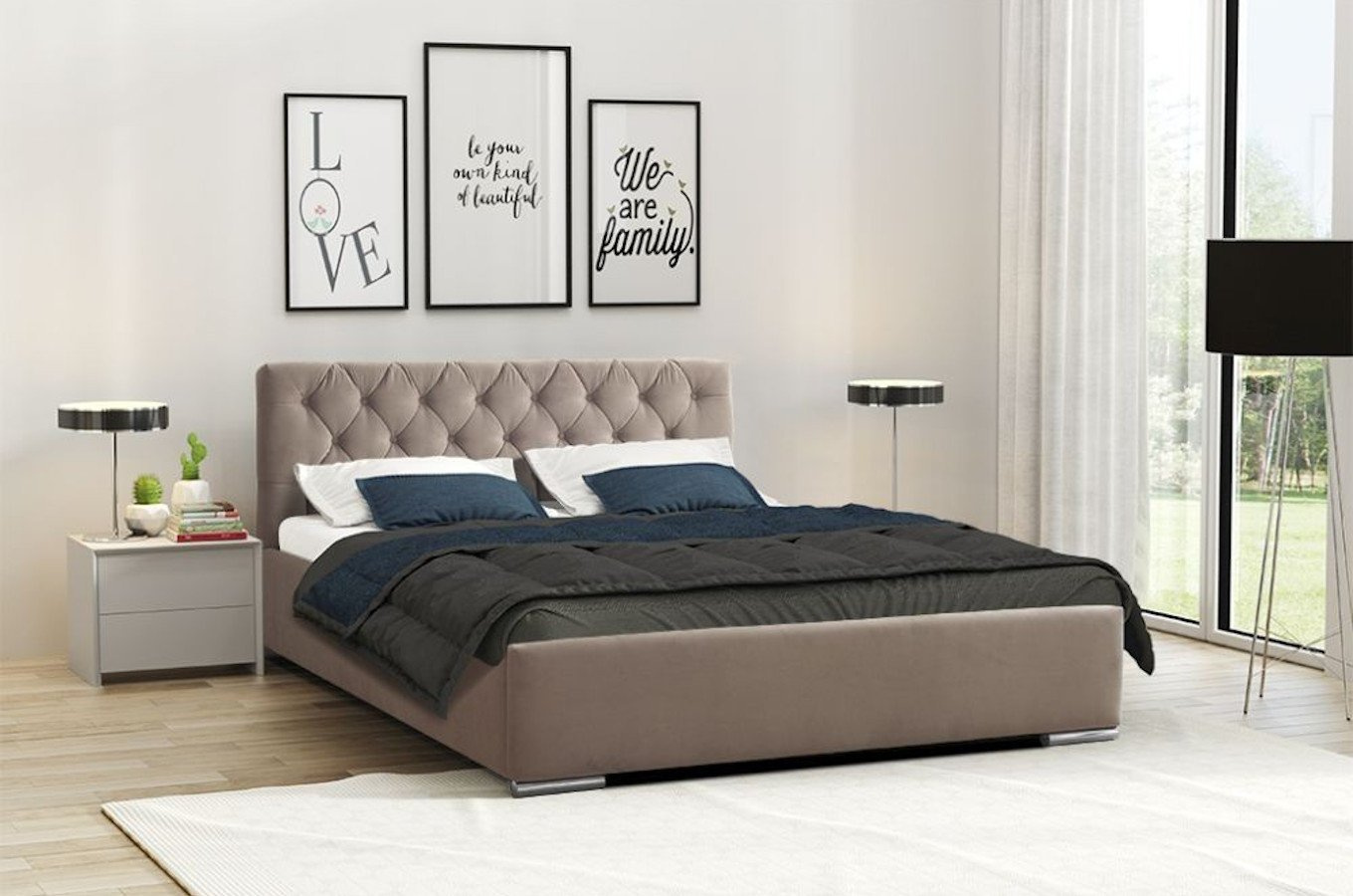 Wysyłka w 48h! Klasyczne łóżko tapicerowane do sypialni DELLEN pikowane guzikami / 160x200 cm, kolor szary, pojemnik na pościel + stelaż metalowy, wersja slim, nogi aluminiowe