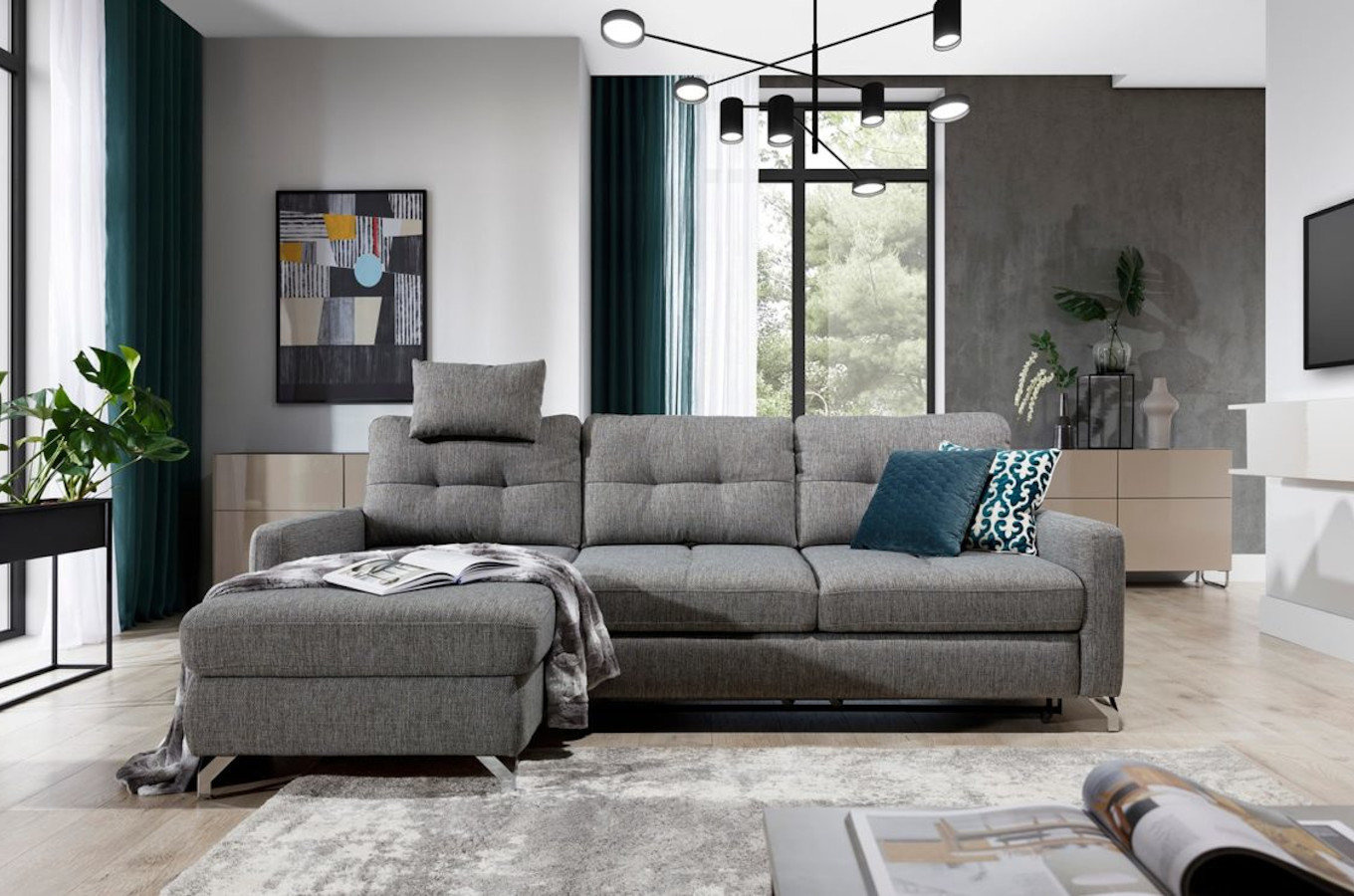 Elegancki tapicerowany narożnik FURLO z funkcją spania i pojemnikiem na pościel