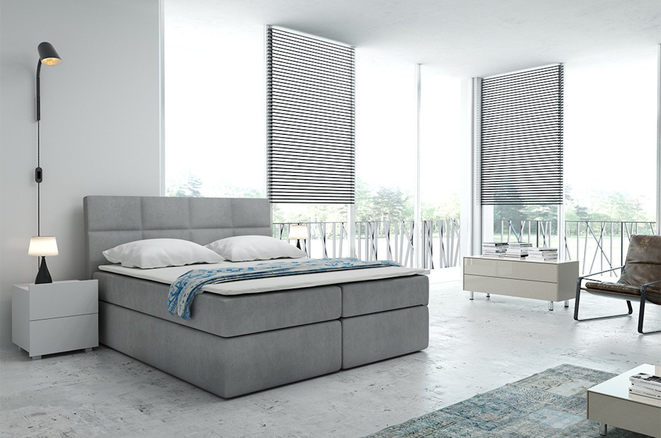 Tapicerowane łóżko kontynentalne BOLMAN z zagłówkiem pikowanym w prostokąty