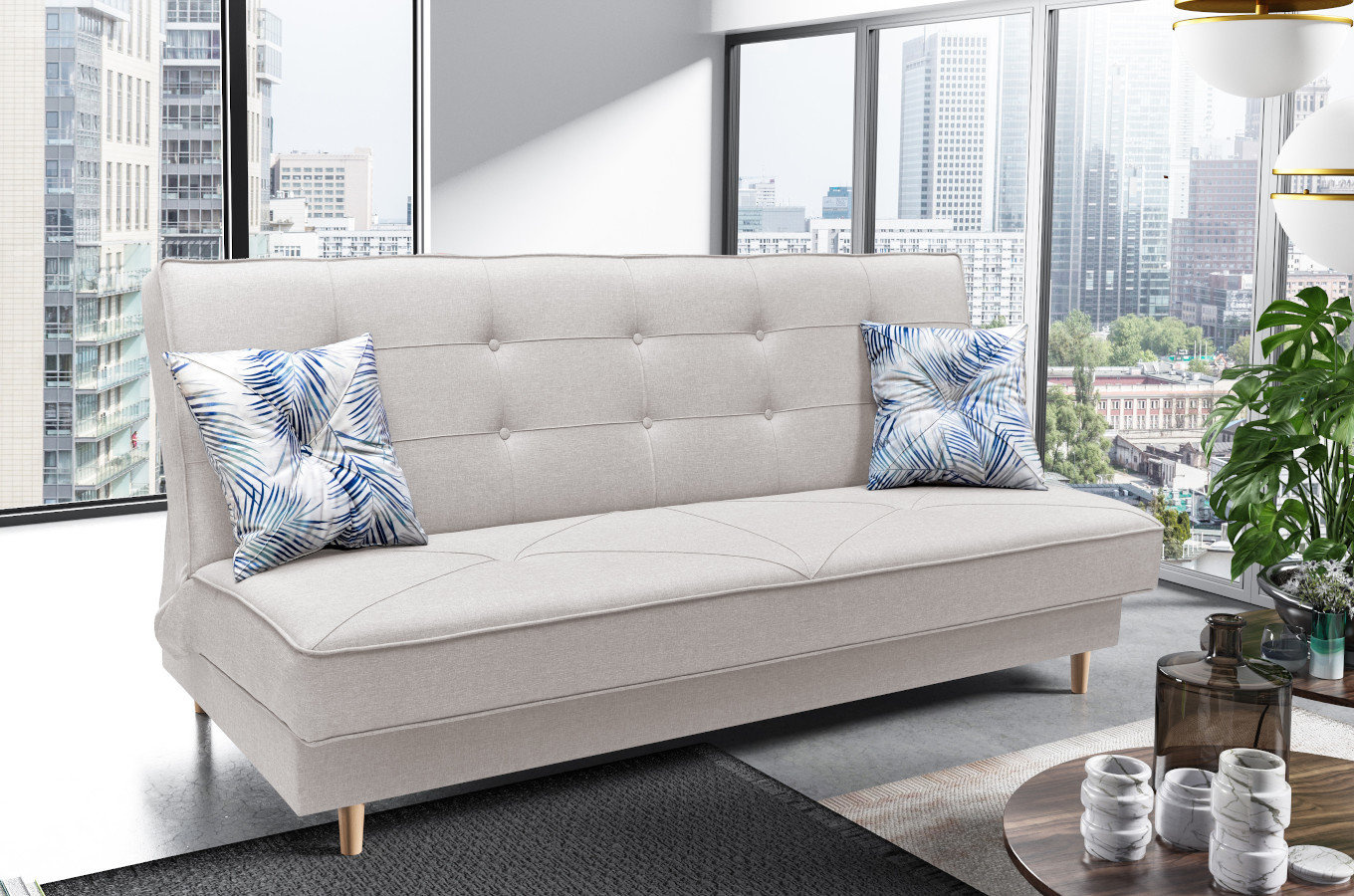 Elegancka sofa IZA w skandynawskim stylu, z funkcją spania i pojemnikiem na pościel