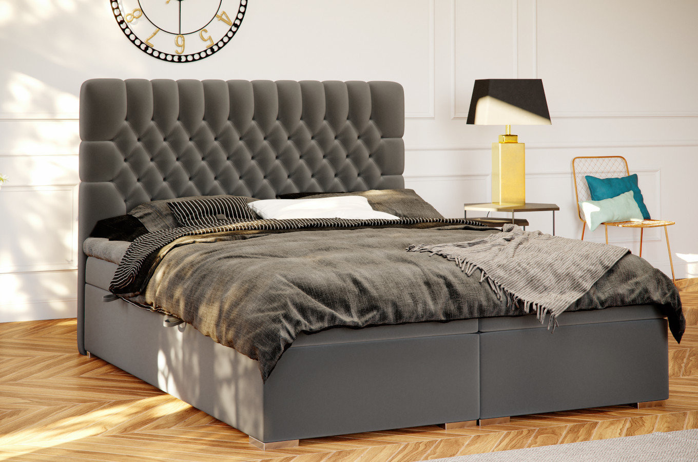 Eleganckie tapicerowane łóżko kontynentalne do sypialni ROYAL z pojemnikiem na pościel