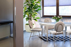 Beżowe tapicerowane krzesło na złotych nogach RUOTE MARRONE