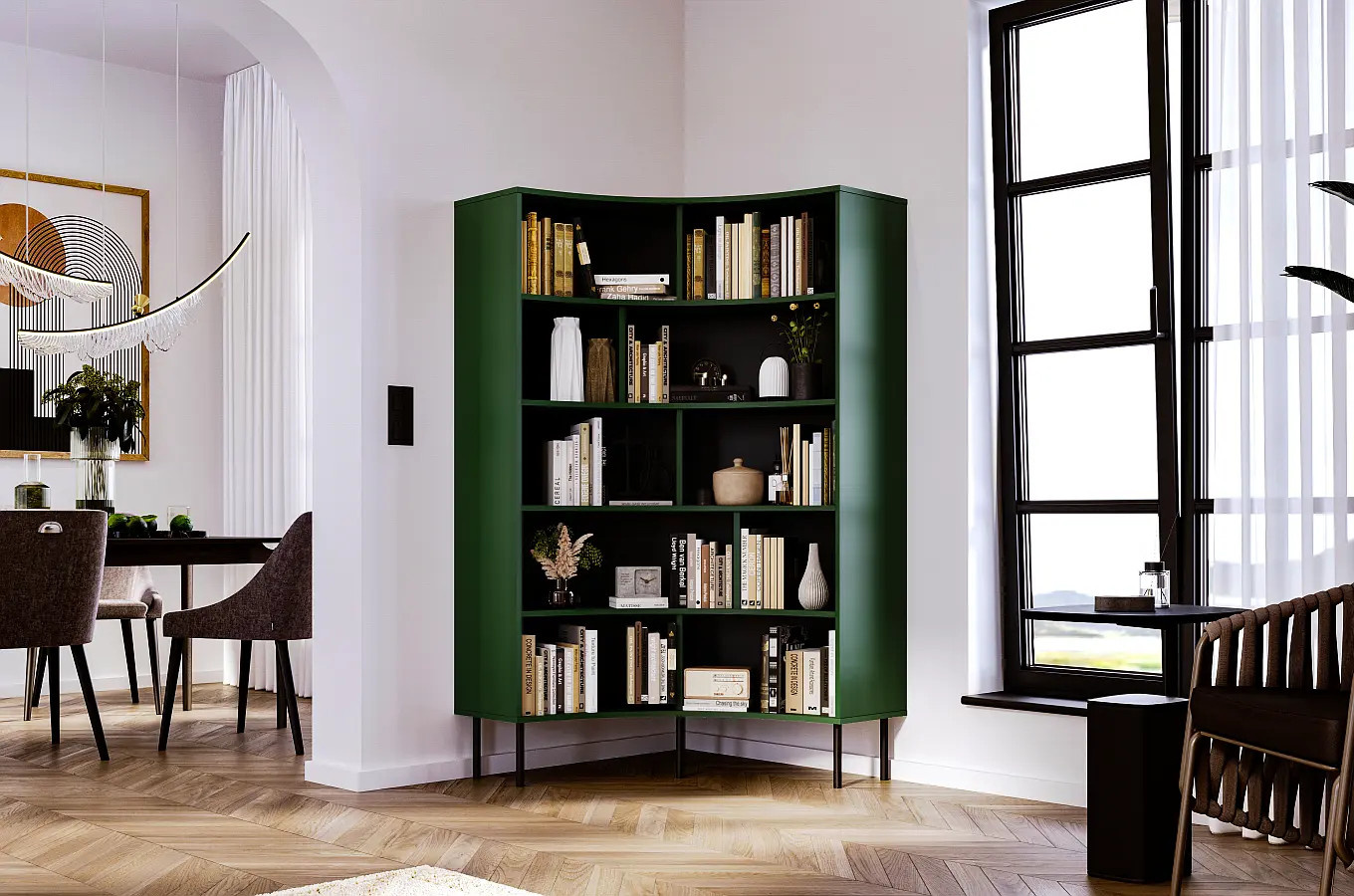 Nowoczesny narożny regał na książki Skandica HORN z czarnymi nogami / zielony / szer. 100 cm