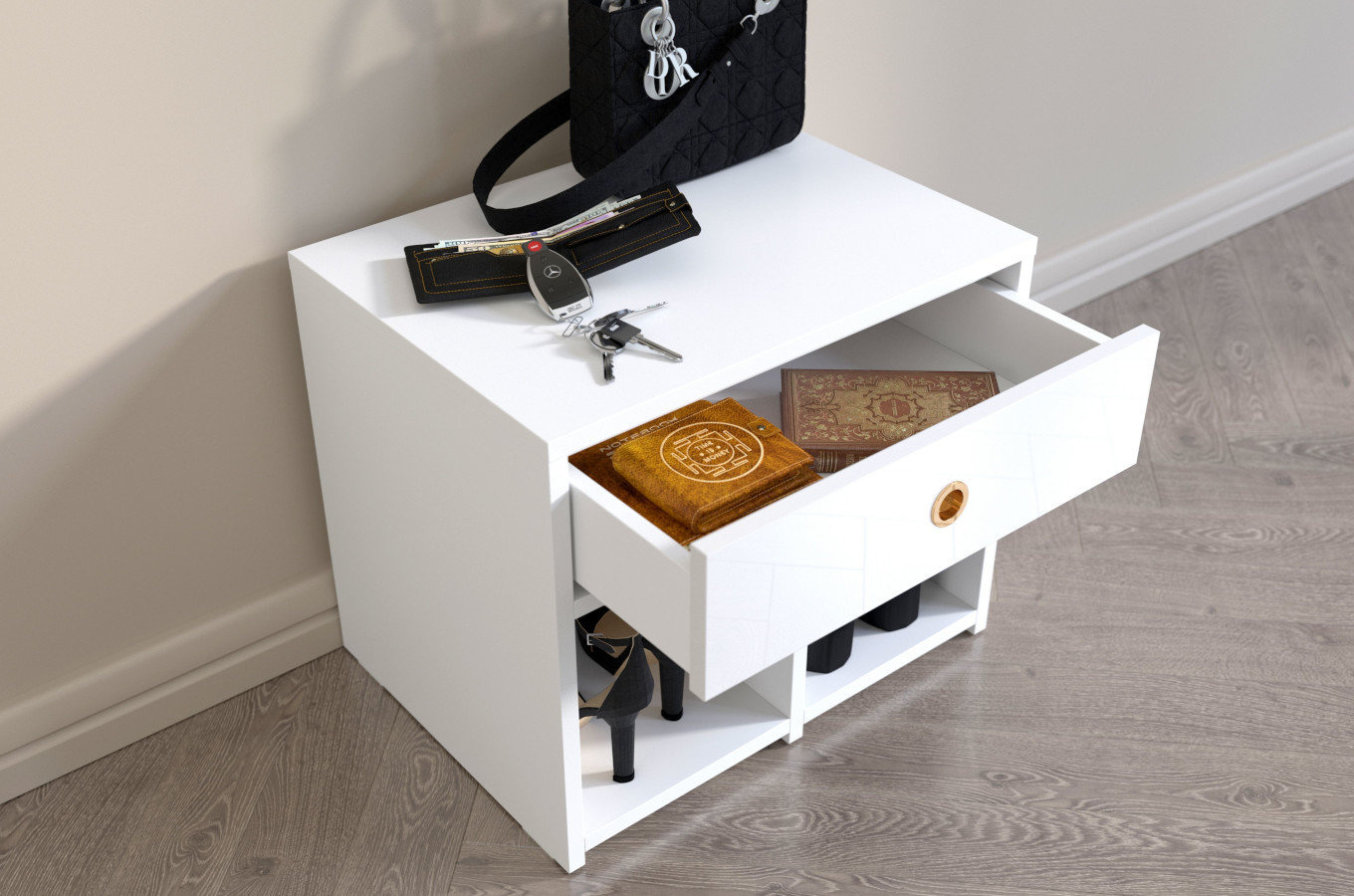 Biała szafka - siedzisko z półkami i szufladą Dancan MIRAGE wysoki połysk / szer. 54 cm