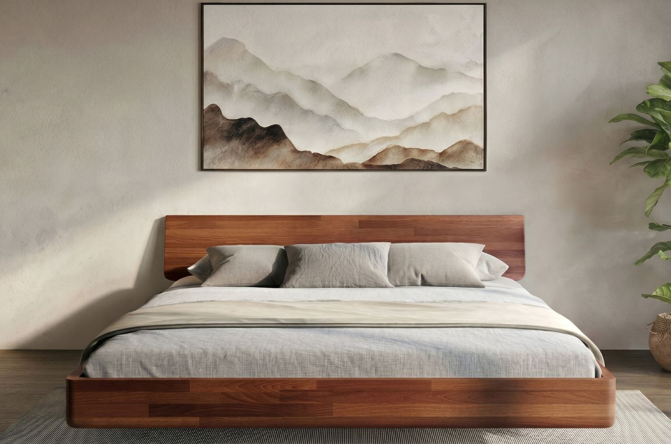 Łóżko lewitujące drewniane bukowe Visby LENA bez szafek / 140x200 cm, kolor orzech