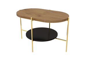 Nowoczesny stolik kawowy Dancan ARENA / złota podstawa + dębowy i czarny blat