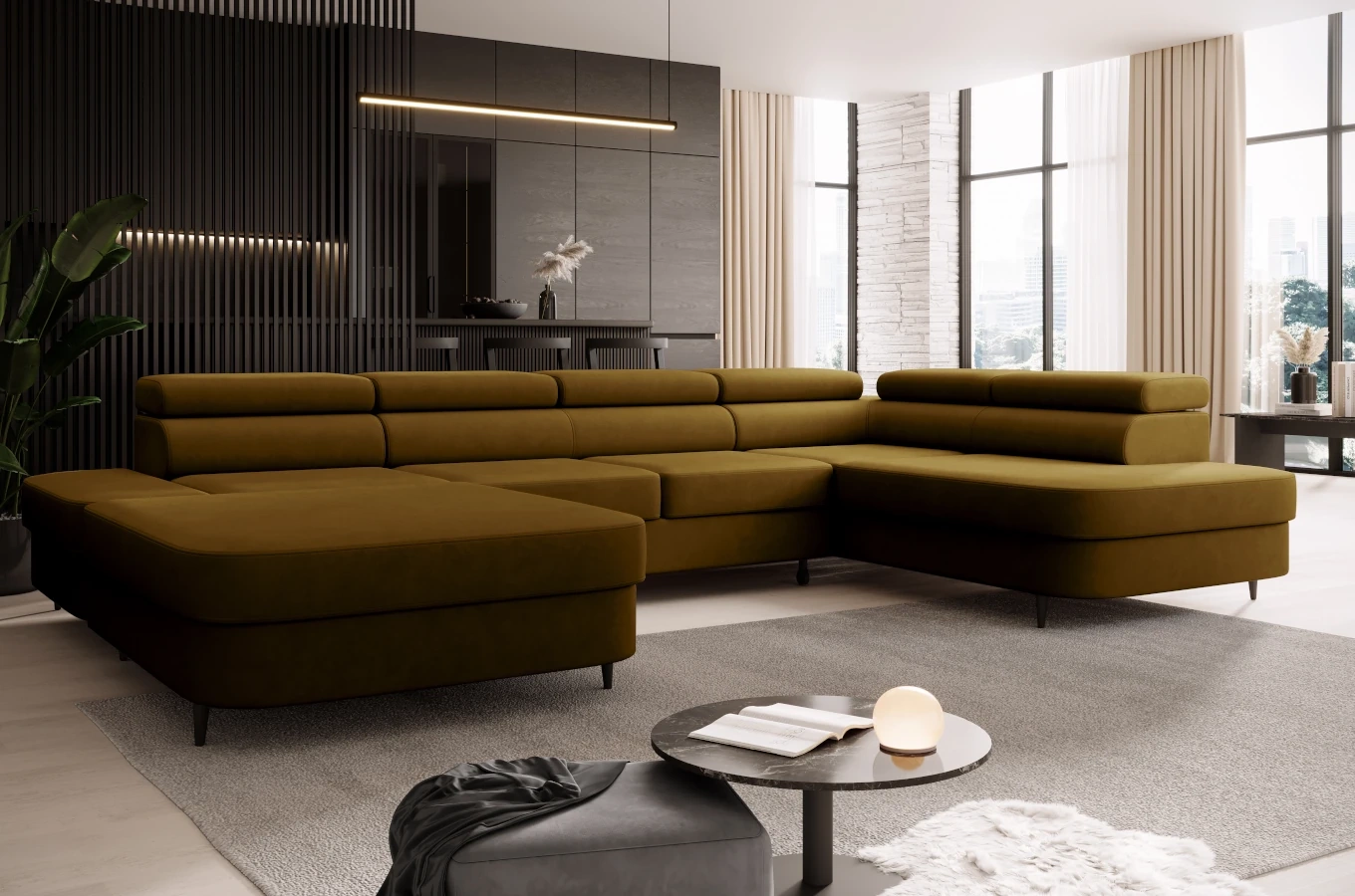 Nowoczesny narożnik TANZANIT U z funkcją spania i pojemnikiem na pościel