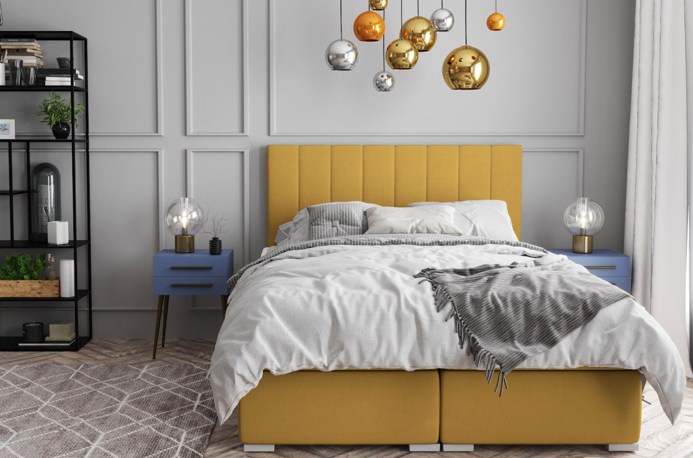 Eleganckie tapicerowane łóżko kontynentalne do sypialni MADAM z pojemnikiem na pościel