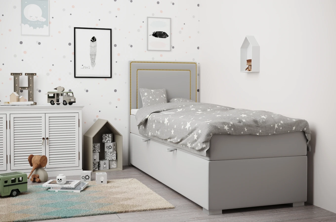 Eleganckie tapicerowane łóżko kontynentalne do sypialni TOMASSO z pojemnikiem na pościel