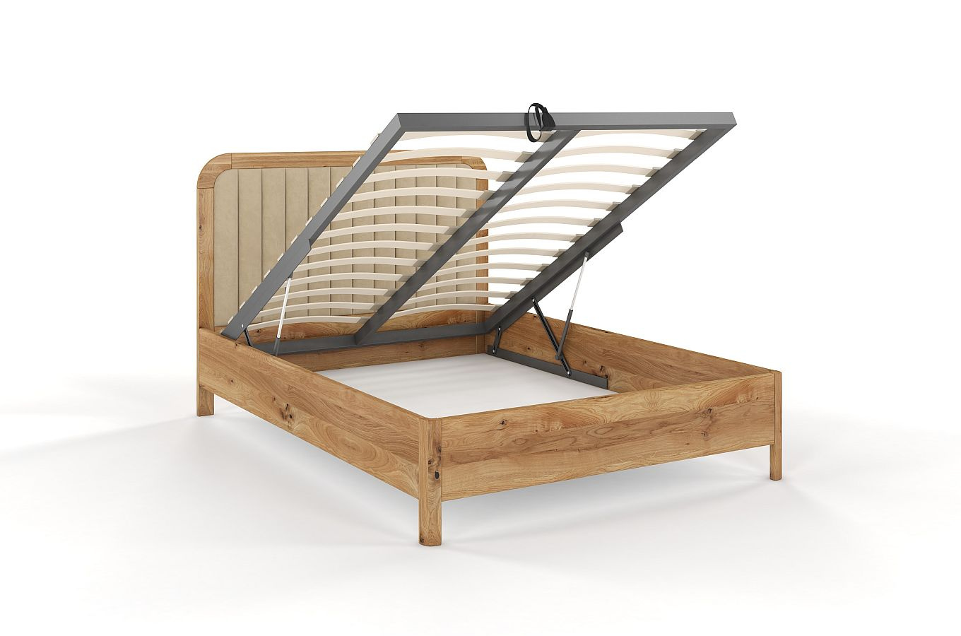 Tapicerowane łóżko drewniane dębowe Visby MODENA BC z wysokim zagłówkiem (skrzynia na pościel)