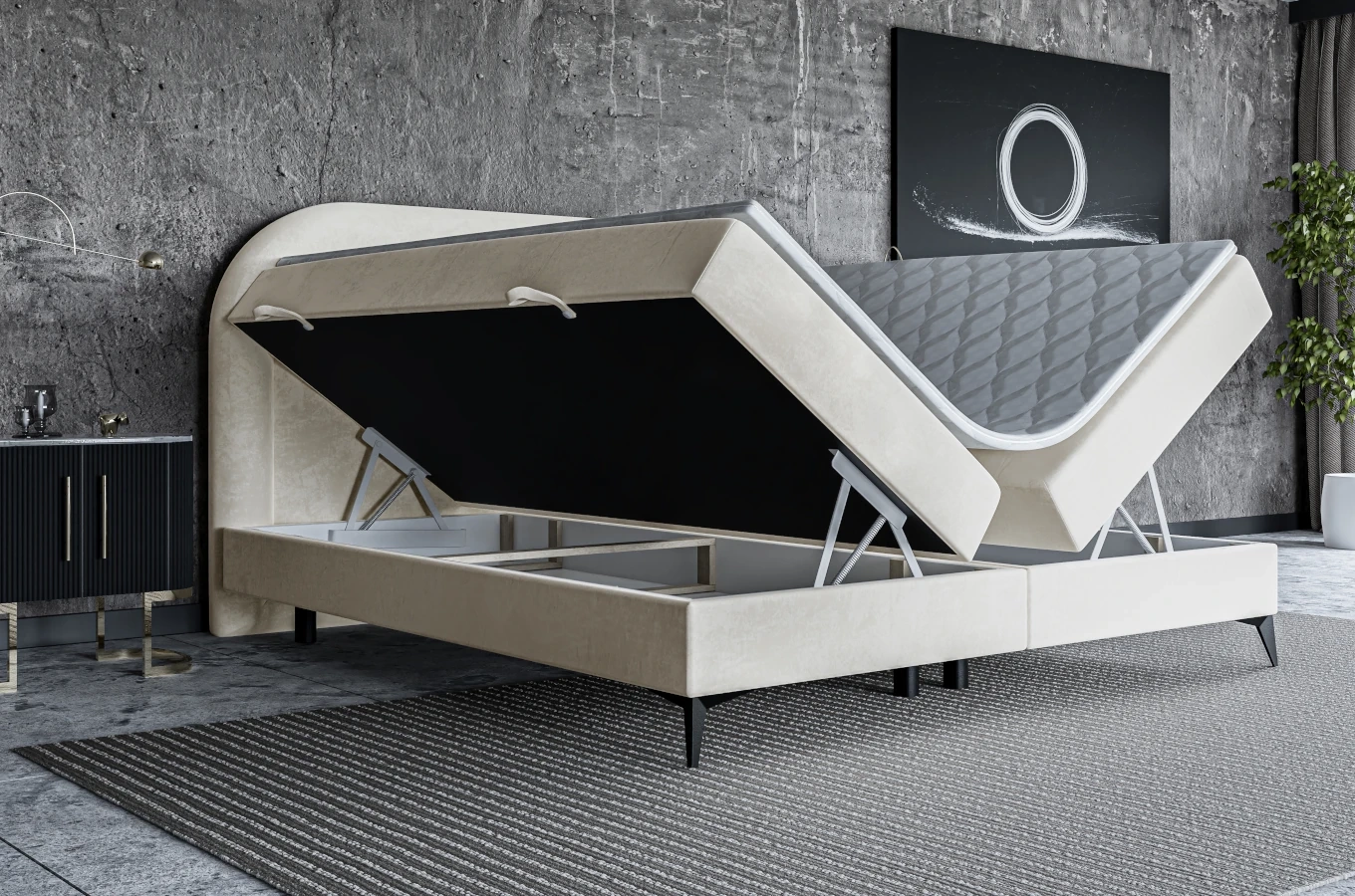 Tapicerowane łóżko kontynentalne DIEGO z półokrągłym zagłówkiem