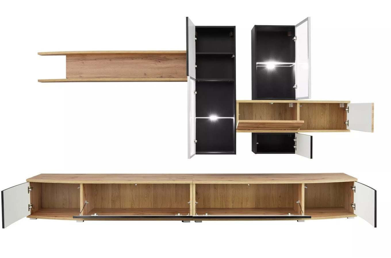 Nowoczesna meblościanka MANHATTAN / czarny + dąb wotan / szer. 300 cm