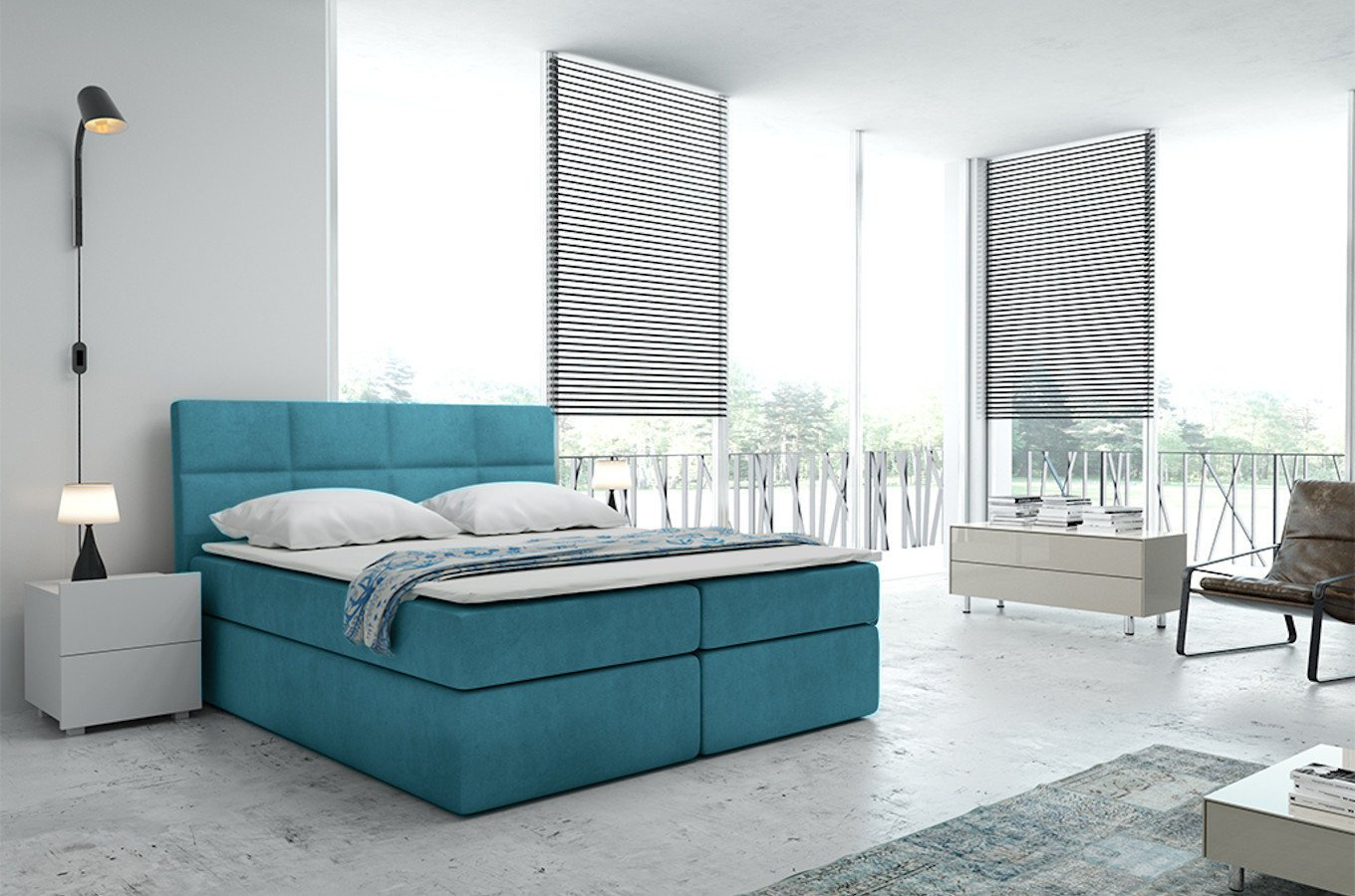 Tapicerowane łóżko kontynentalne BOLMAN z zagłówkiem pikowanym w prostokąty