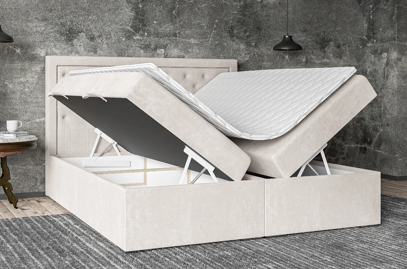 Eleganckie tapicerowane łóżko kontynentalne do sypialni ALESSIO z pojemnikiem na pościel