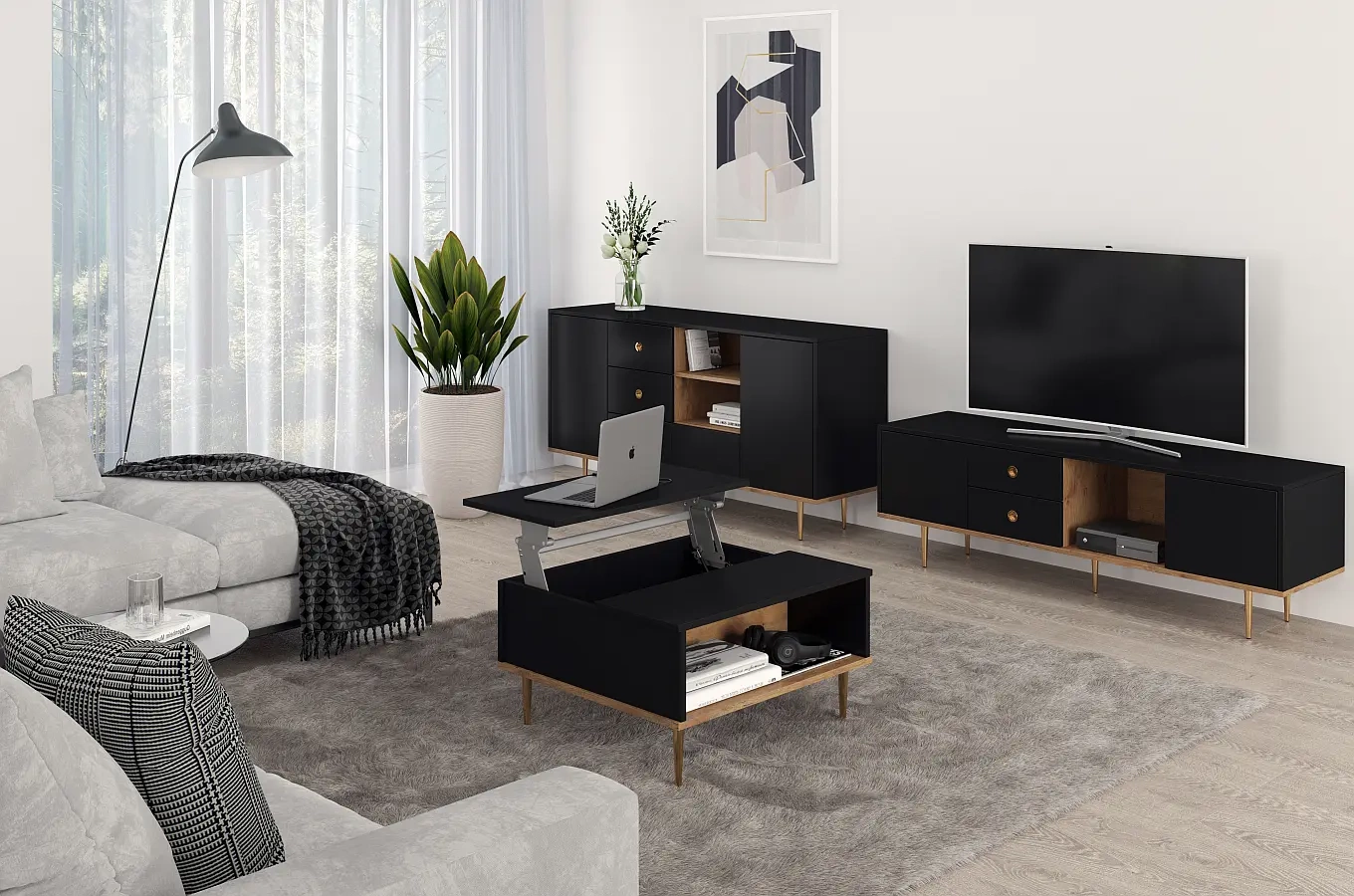 Czarny nowoczesny stolik kawowy Skandica HARMONI z otwieranym blatem