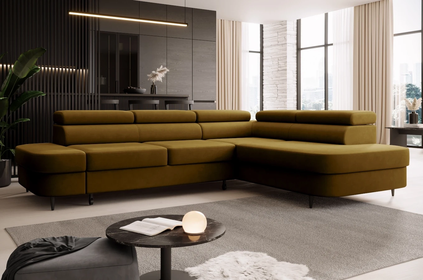 Nowoczesny narożnik TANZANIT L z funkcją spania i pojemnikiem na pościel