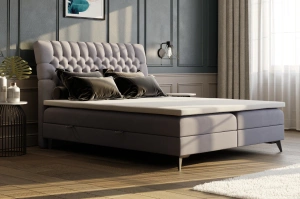 Eleganckie tapicerowane łóżko kontynentalne do sypialni PALACE z pojemnikiem na pościel