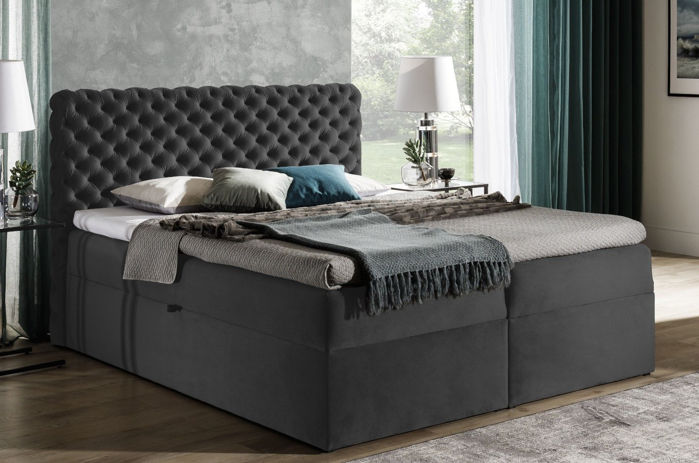 Tapicerowane łóżko kontynentalne GROSSETO z pikowaniem Chesterfield