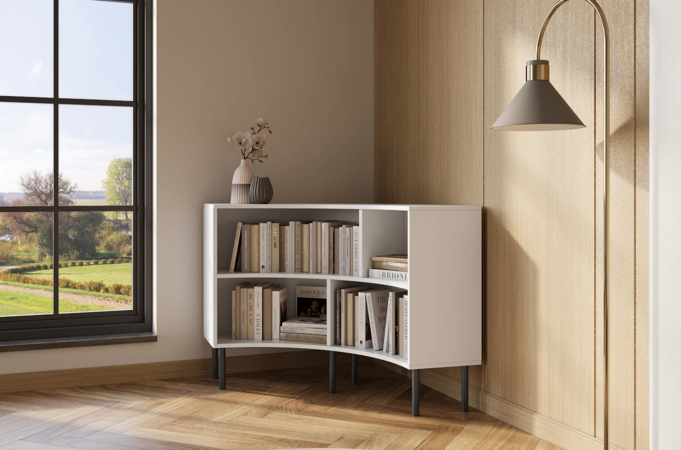 Nowoczesny narożny niski regał na książki Skandica HORN z czarnymi nogami / biały / szer. 100 cm