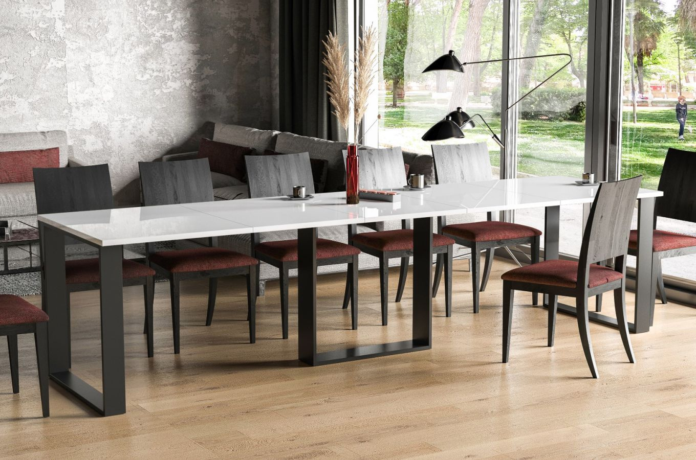 Nowoczesny rozkładany stół BORYS BIS na metalowych nogach 130-310 x 90 cm (biały połysk)