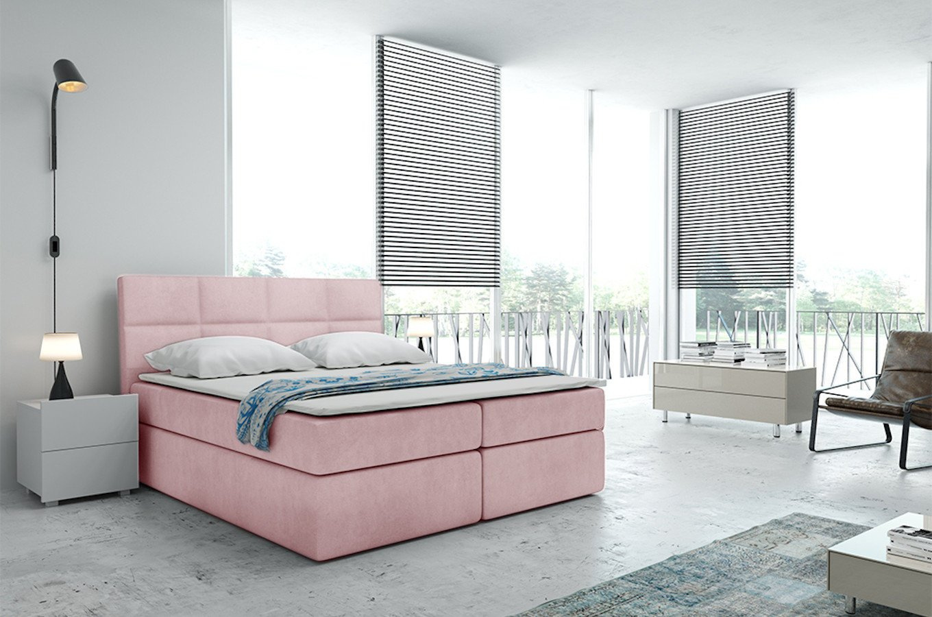 Tapicerowane łóżko kontynentalne BOLMAN z zagłówkiem pikowanym w prostokąty