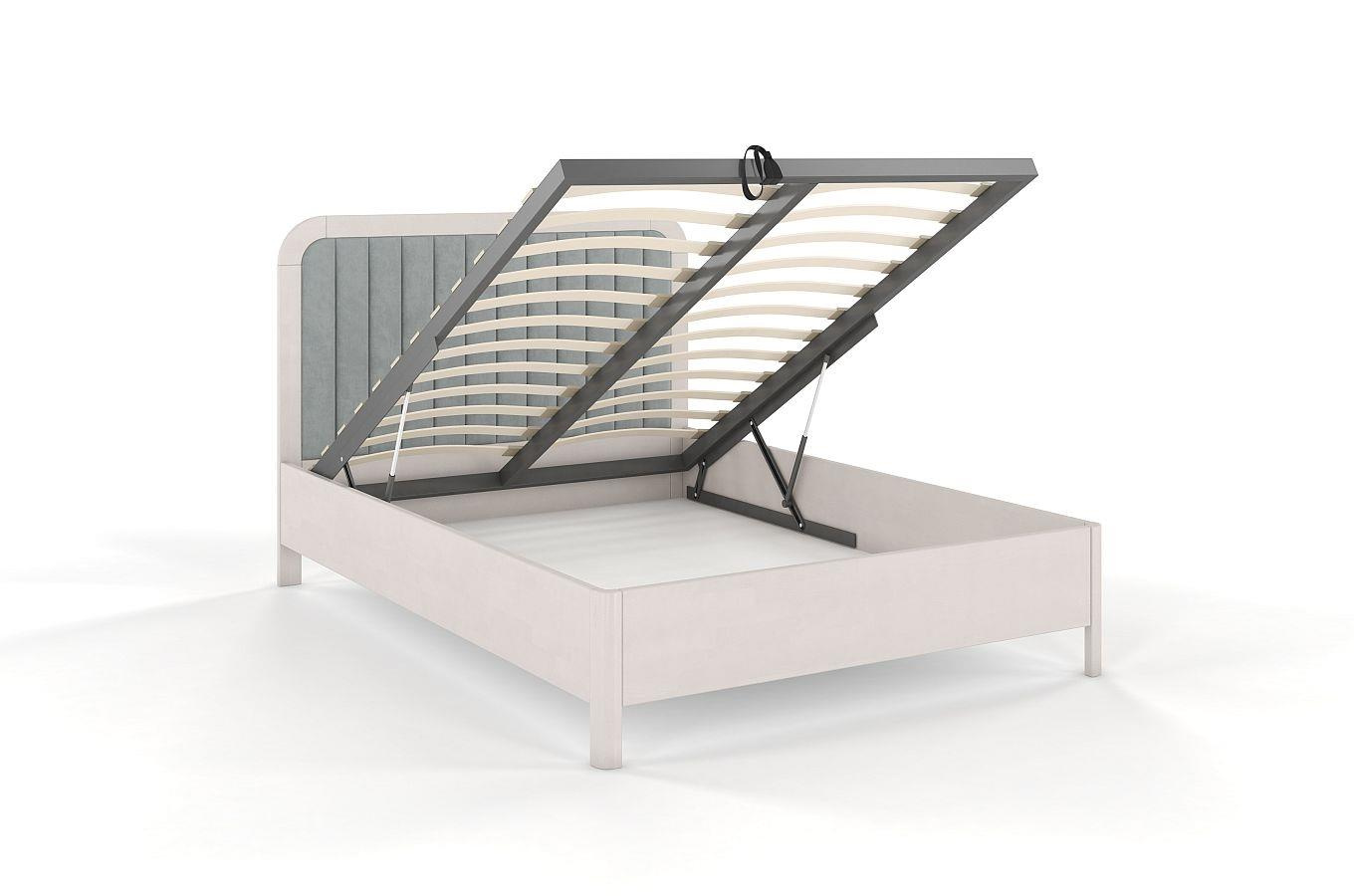 Tapicerowane łóżko drewniane bukowe Visby MODENA BC z wysokim zagłówkiem / 200x200 cm, kolor biały, zagłówek Casablanca 2314 (skrzynia na pościel)