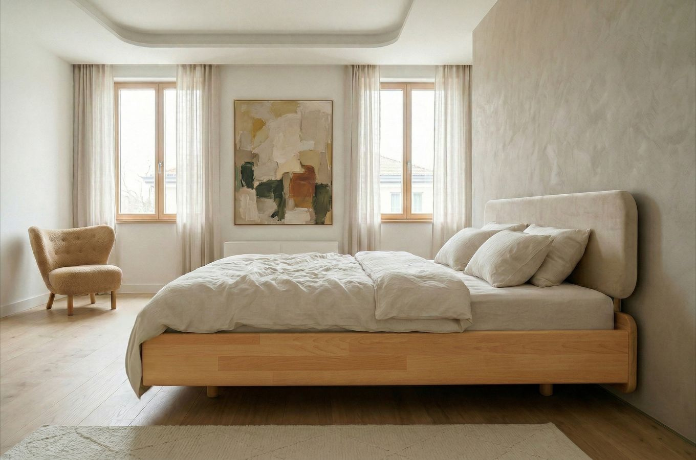 Łóżko lewitujące drewniane bukowe Visby LILA z tapicerowanymi panelami / 160x200 cm, kolor naturalny, zagłówek ecru (Casablanca 228.02/2301)