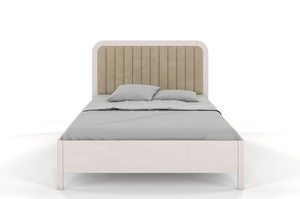 Tapicerowane łóżko drewniane bukowe Visby MODENA BC z wysokim zagłówkiem / 200x200 cm, kolor biały, zagłówek Casablanca 2303 (skrzynia na pościel)