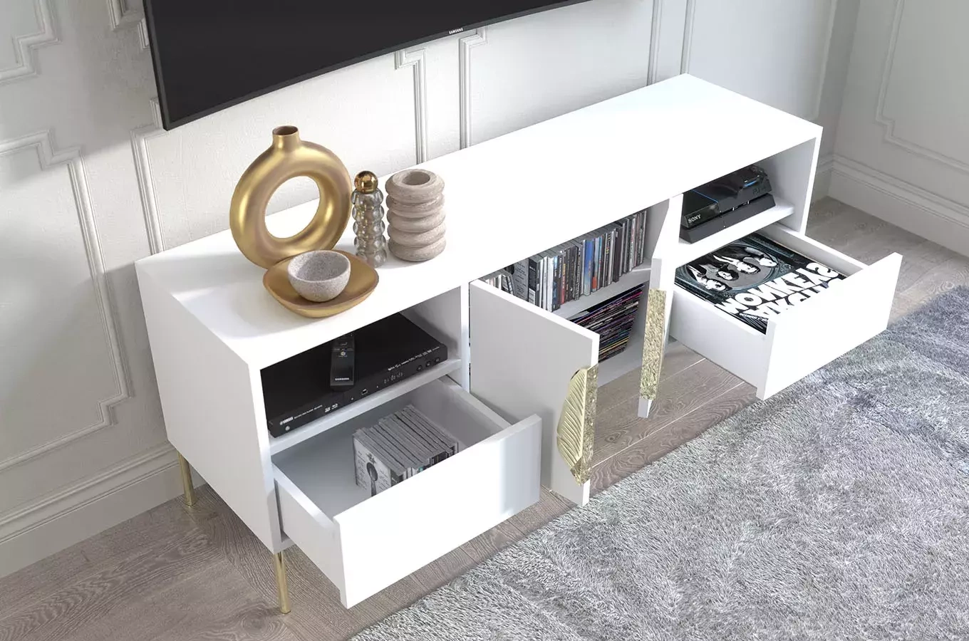 Biała komoda RTV Skandica MERLIN ze złotymi dodatkami / szer. 138 cm