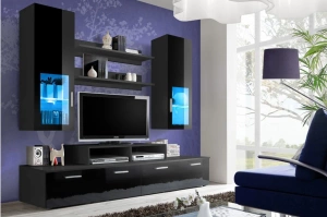 Nowoczesna meblościanka MINI / Korpus czarny mat +  Front czarny połysk i czarne szkło